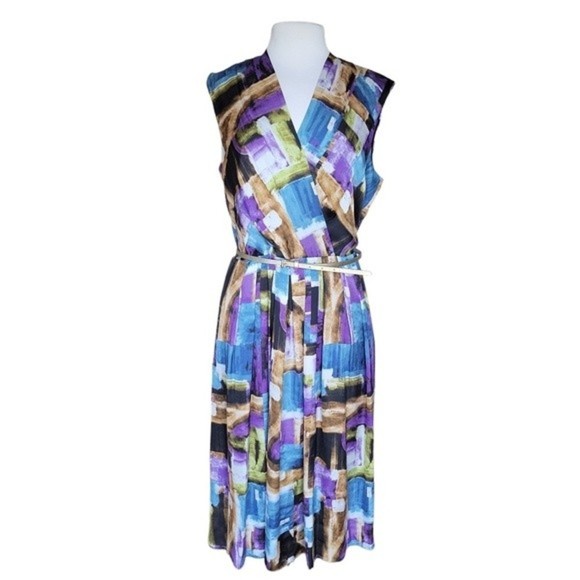 Ellen Tracy Dresses & Skirts - Ellen Tracy | Women's Multicolor Deep V-Neck Belted Dress - Size 16